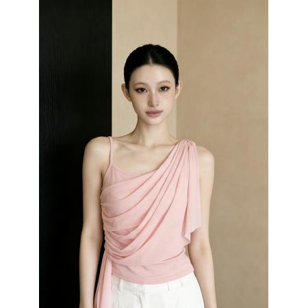 BY16730# 带胸垫纯欲不规则斜肩网纱吊带设计感飘带辣妹性感上衣