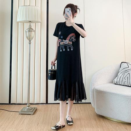 新款大码宽松胖mm洋气显瘦夏装刺绣中长款连衣裙