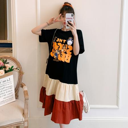 新款大码宽松胖mm洋气显瘦夏装拼接纯棉长款连衣裙