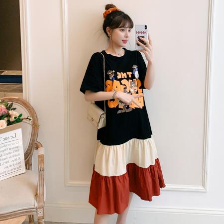 新款大码宽松胖mm洋气显瘦夏装拼接纯棉长款连衣裙