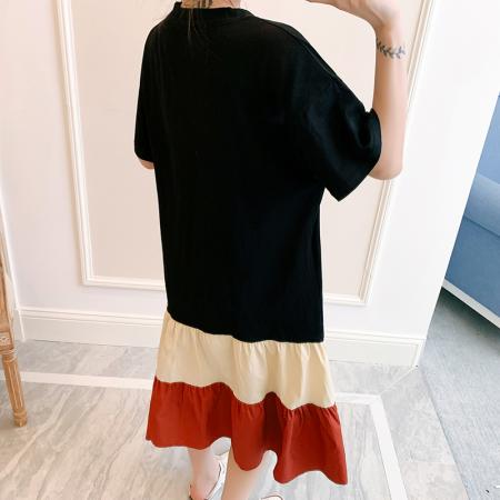 新款大码宽松胖mm洋气显瘦夏装拼接纯棉长款连衣裙