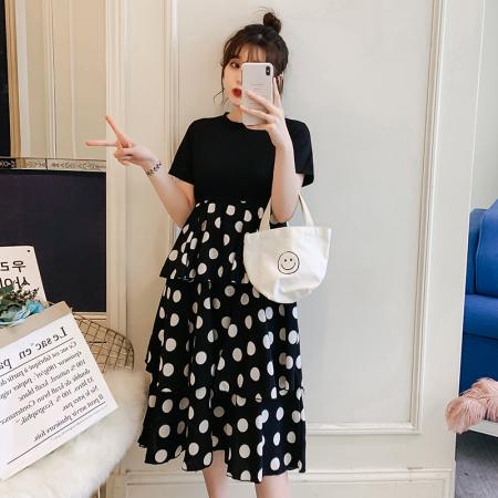波点拼接连衣裙夏季新款韩版大码女装中长款蛋糕裙长裙