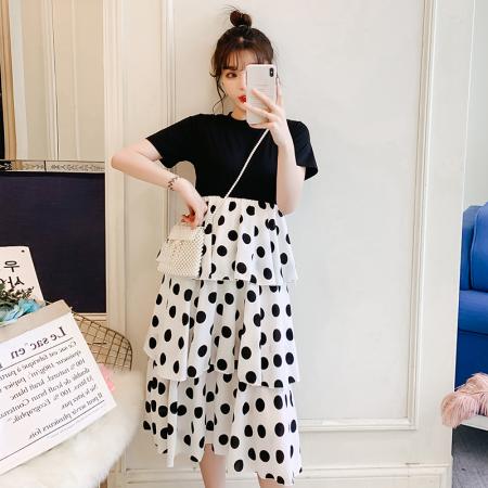 波点拼接连衣裙夏季新款韩版大码女装中长款蛋糕裙长裙