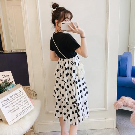 波点拼接连衣裙夏季新款韩版大码女装中长款蛋糕裙长裙