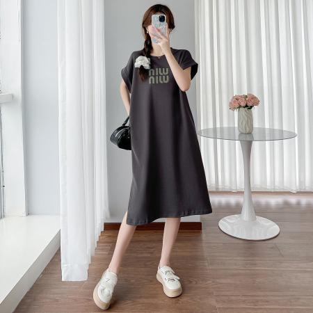 夏季胖MM中长款圆领短袖T恤裙宽松大码连衣裙
