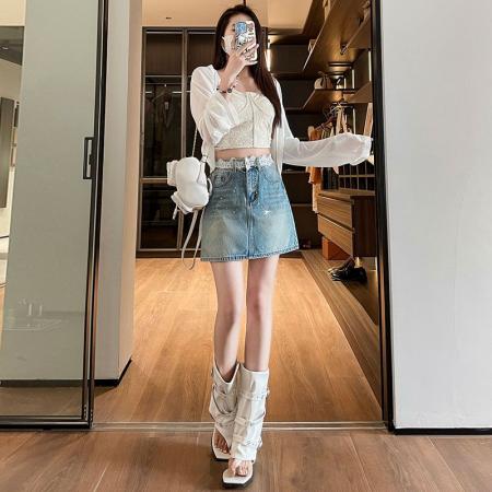 BY16739# 夏季新款时尚潮流防走光蕾丝拼接牛仔裙裤