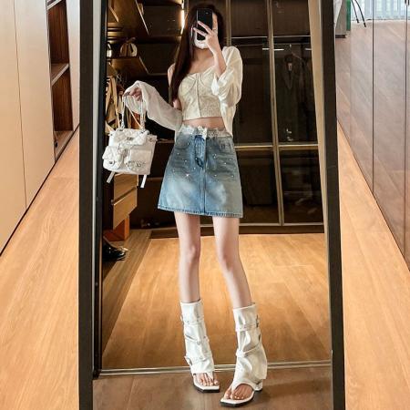 BY16739# 夏季新款时尚潮流防走光蕾丝拼接牛仔裙裤