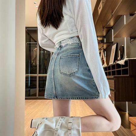 BY16739# 夏季新款时尚潮流防走光蕾丝拼接牛仔裙裤