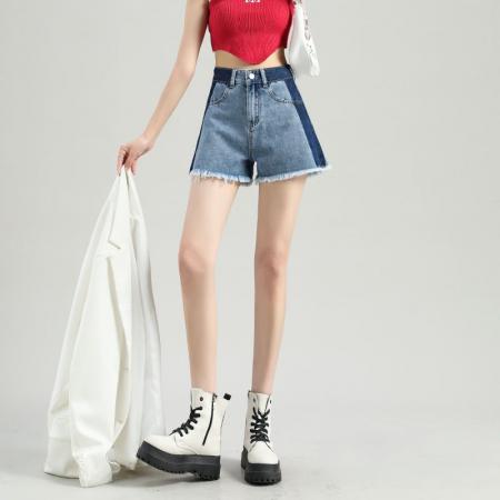 BY16740# 夏季新款高腰牛仔短裤女设计拼接撞色宽松百搭显瘦毛边a字裤