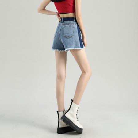 BY16740# 夏季新款高腰牛仔短裤女设计拼接撞色宽松百搭显瘦毛边a字裤