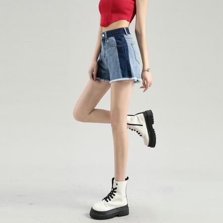 BY16740# 夏季新款高腰牛仔短裤女设计拼接撞色宽松百搭显瘦毛边a字裤