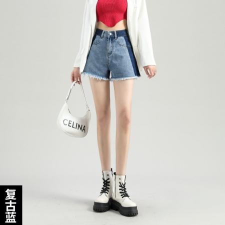 BY16740# 夏季新款高腰牛仔短裤女设计拼接撞色宽松百搭显瘦毛边a字裤