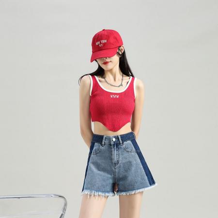 BY16740# 夏季新款高腰牛仔短裤女设计拼接撞色宽松百搭显瘦毛边a字裤