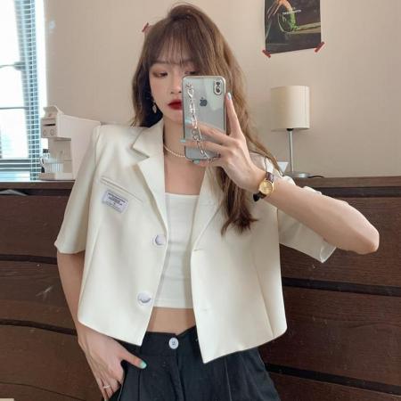 BY16742# 短袖小西装外套女夏季薄款新款网红炸街设计感小个子短款西服