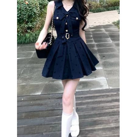 BY16744# 法式学院风无袖蓝色连衣裙子女夏季新爆款小个子气质蓬蓬短裙