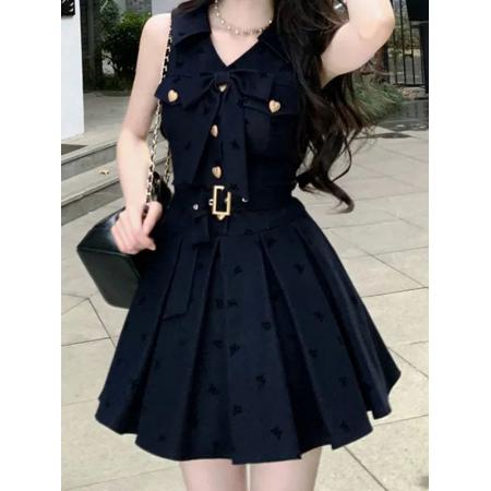 BY16744# 法式学院风无袖蓝色连衣裙子女夏季新爆款小个子气质蓬蓬短裙