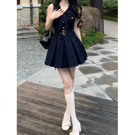 BY16744# 法式学院风无袖蓝色连衣裙子女夏季新爆款小个子气质蓬蓬短裙