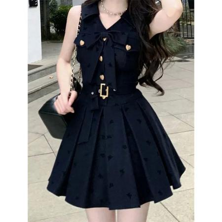 BY16744# 法式学院风无袖蓝色连衣裙子女夏季新爆款小个子气质蓬蓬短裙