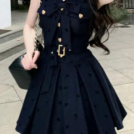 BY16744# 法式学院风无袖蓝色连衣裙子女夏季新爆款小个子气质蓬蓬短裙