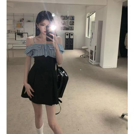 BY16745# 甜辣风显瘦遮肉小个子一字肩吊带裙蓝色竖条纹拼接连衣裙短款