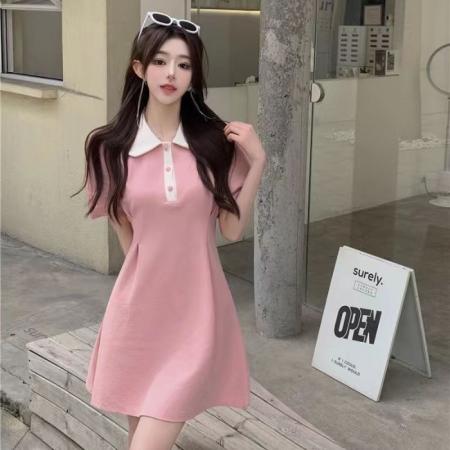 BY16747# 法式气质娃娃领短袖连衣裙女夏装小众设计感收腰显瘦学院风长裙子