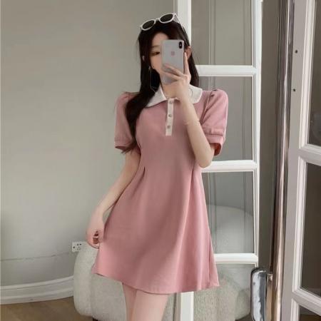 BY16747# 法式气质娃娃领短袖连衣裙女夏装小众设计感收腰显瘦学院风长裙子