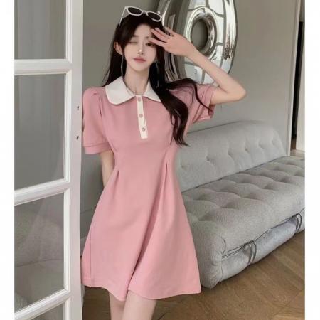 BY16747# 法式气质娃娃领短袖连衣裙女夏装小众设计感收腰显瘦学院风长裙子