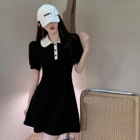 BY16747# 法式气质娃娃领短袖连衣裙女夏装小众设计感收腰显瘦学院风长裙子