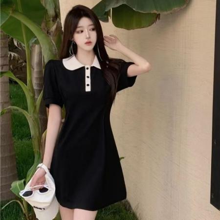 BY16747# 法式气质娃娃领短袖连衣裙女夏装小众设计感收腰显瘦学院风长裙子