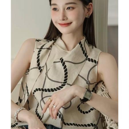 BY16748# 新款夏气质高级感大方得体波嬉小香风米杏色印花衬衫短裤套装