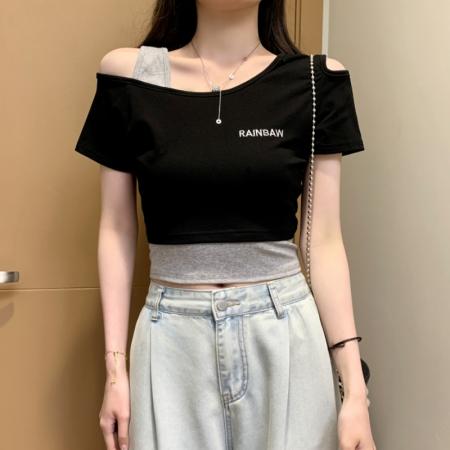 BY16753# 假两件露肩短袖T恤女设计感小众短款高腰露脐修身上衣