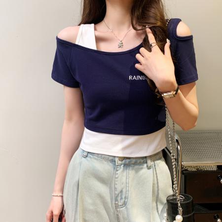 BY16753# 假两件露肩短袖T恤女设计感小众短款高腰露脐修身上衣