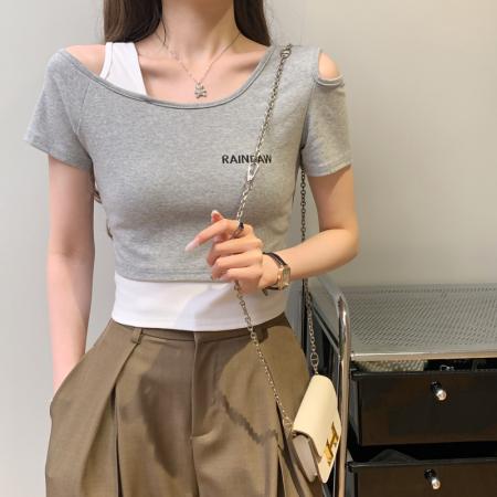 BY16753# 假两件露肩短袖T恤女设计感小众短款高腰露脐修身上衣