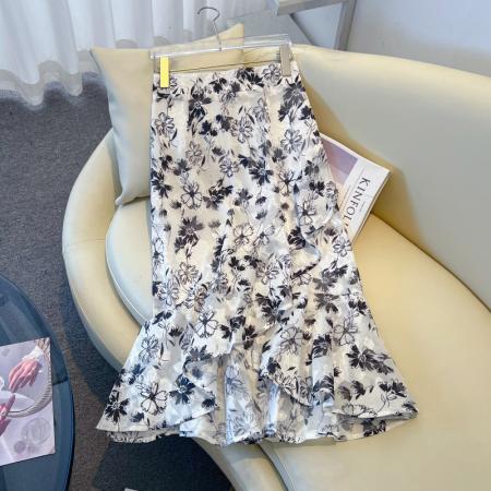 BY16756# 不规则荷叶边半身裙女高腰中长款雪纺裙橡筋腰鱼尾裙荷叶边裙