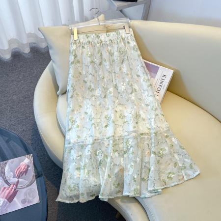 BY16756# 不规则荷叶边半身裙女高腰中长款雪纺裙橡筋腰鱼尾裙荷叶边裙