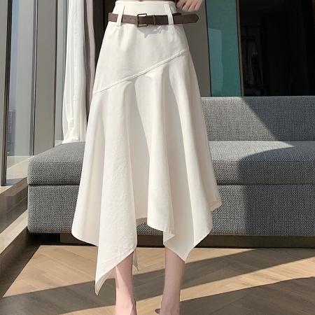 BY16757# 复古不规则半身裙女a字荷叶边中长裙设计感梨形大摆长裙伞裙