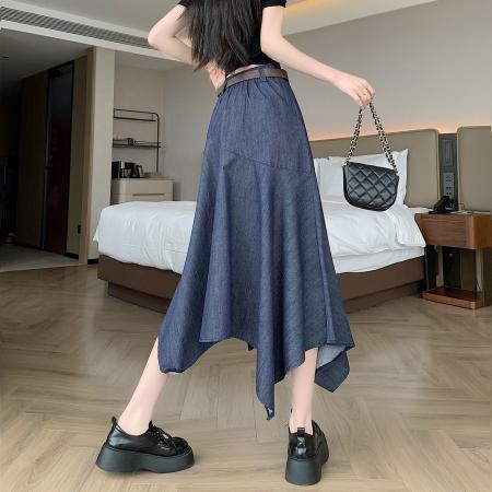 BY16757# 复古不规则半身裙女a字荷叶边中长裙设计感梨形大摆长裙伞裙