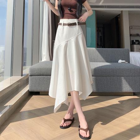 BY16757# 复古不规则半身裙女a字荷叶边中长裙设计感梨形大摆长裙伞裙