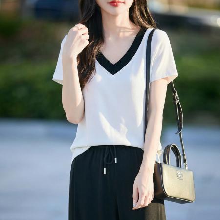 假两件撞色V领短袖夏季新款气质百搭时尚显瘦套装女