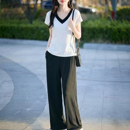 假两件撞色V领短袖夏季新款气质百搭时尚显瘦套装女