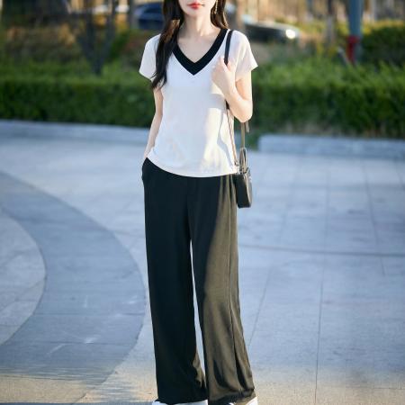 假两件撞色V领短袖夏季新款气质百搭时尚显瘦套装女