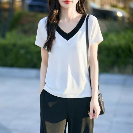 假两件撞色V领短袖夏季新款气质百搭时尚显瘦套装女