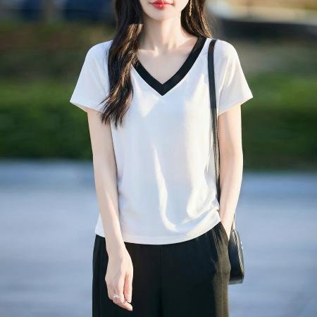 假两件撞色V领短袖夏季新款气质百搭时尚显瘦套装女
