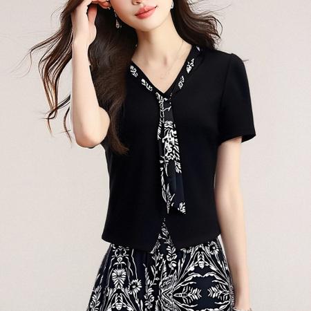 夏季新款纯棉上衣女气质收腰显瘦洋气高腰时尚显瘦T恤女套装