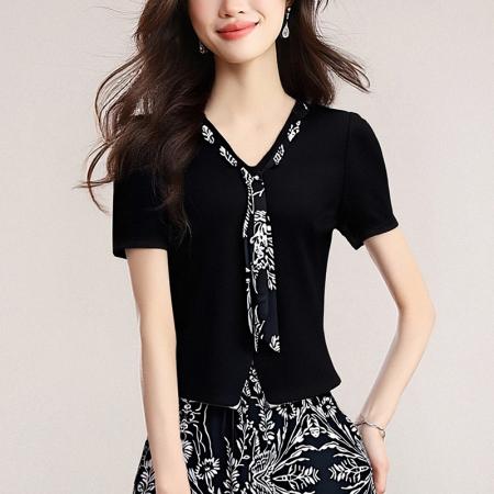 夏季新款纯棉上衣女气质收腰显瘦洋气高腰时尚显瘦T恤女套装