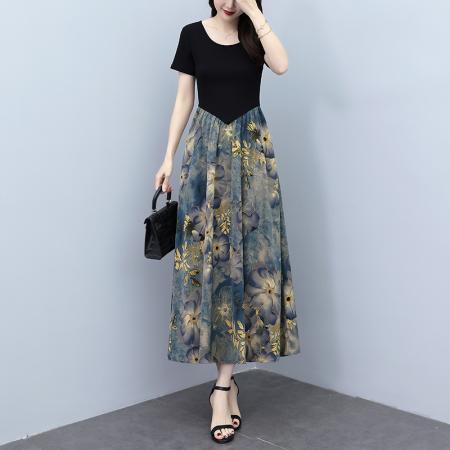 夏季新款装印花连衣裙长款大码胖mm气质收腰显瘦裙子