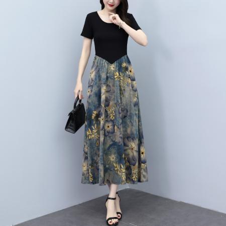 夏季新款装印花连衣裙长款大码胖mm气质收腰显瘦裙子