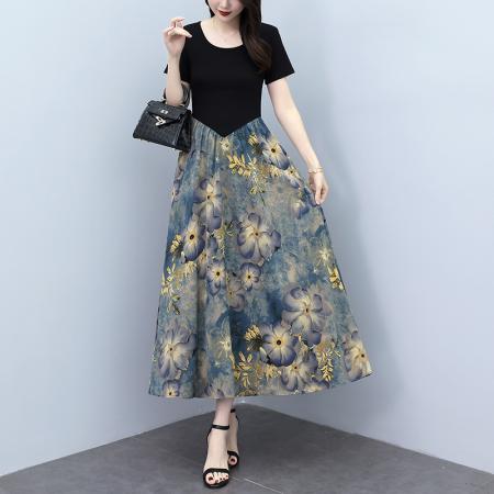 夏季新款装印花连衣裙长款大码胖mm气质收腰显瘦裙子