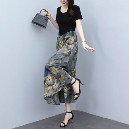 夏季新款装印花连衣裙长款大码胖mm气质收腰显瘦裙子