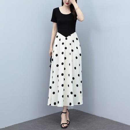 连衣裙夏季新款爆款大码气质显瘦假两件拼接波点长裙子